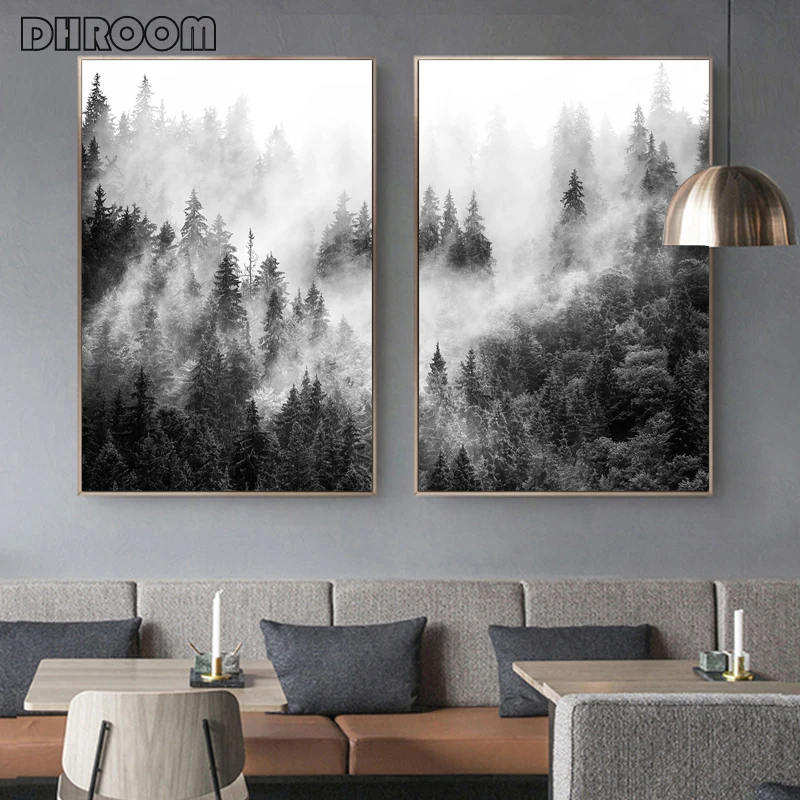 Nature Prints Forest Wall Art Black and White Tree Posters Foggy Forest Landscape Canvas Painting Wall Picture Living Room Decor