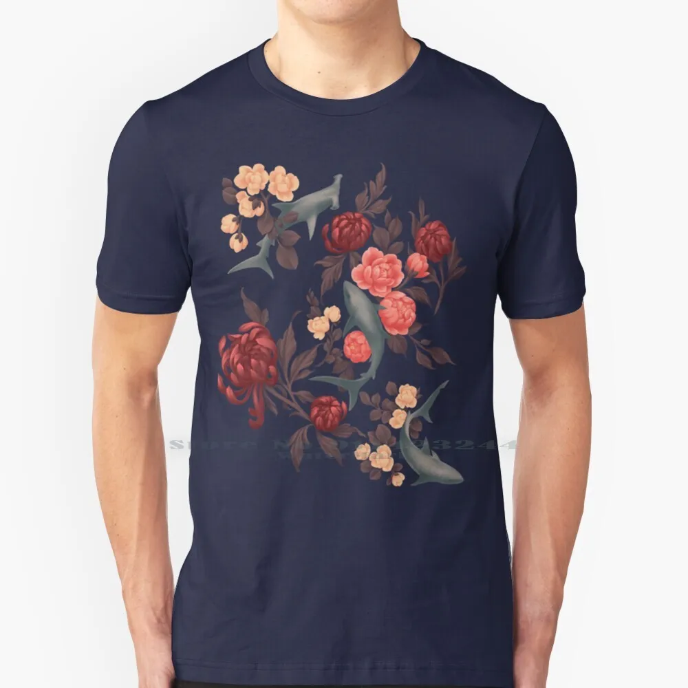 Botanical Shark ( Red And Blue ) 100% Cotton T Shirt Shark Floral Botanical Chrysanthemums Blossoms Roses Marine Ocean Aqua