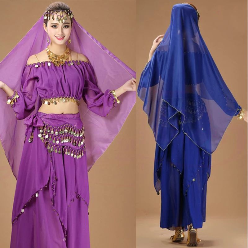 Adult Belly Dance Costume Set Chiffon Coin Long Sleeves Top And Skirt Indian Dance Wear Suit For Women Purple Dancing Clothes