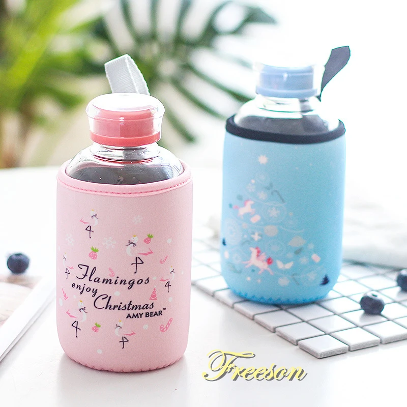 

Flamingo Unicorn Glass Water Bottle with Sleeve 600ml Kawaii Cup Christmas Sport Bottles Xmas Camping Bottle Tour Drinkware