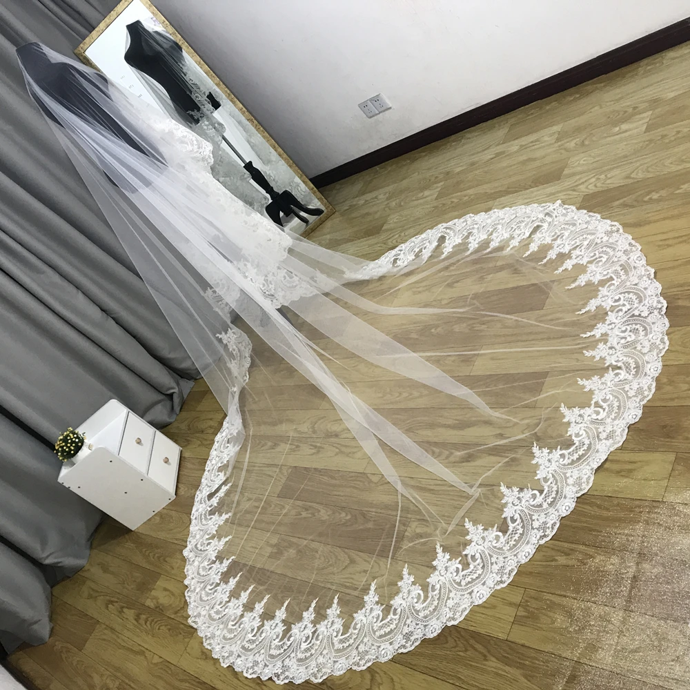 Real Photo 3meter Long Wedding Veil lace veil One Layer Cathedral Veil Tulle veil Bridal Veil white ivory Veil With Comb