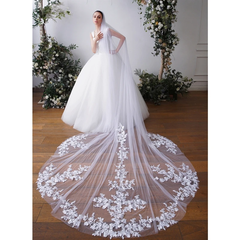 One Layer Long Ivory Bridal Veils Lace Appliques White Tulle Wedding Veils with Comb Cathedral for Brides 3 4 5 Metres Floral