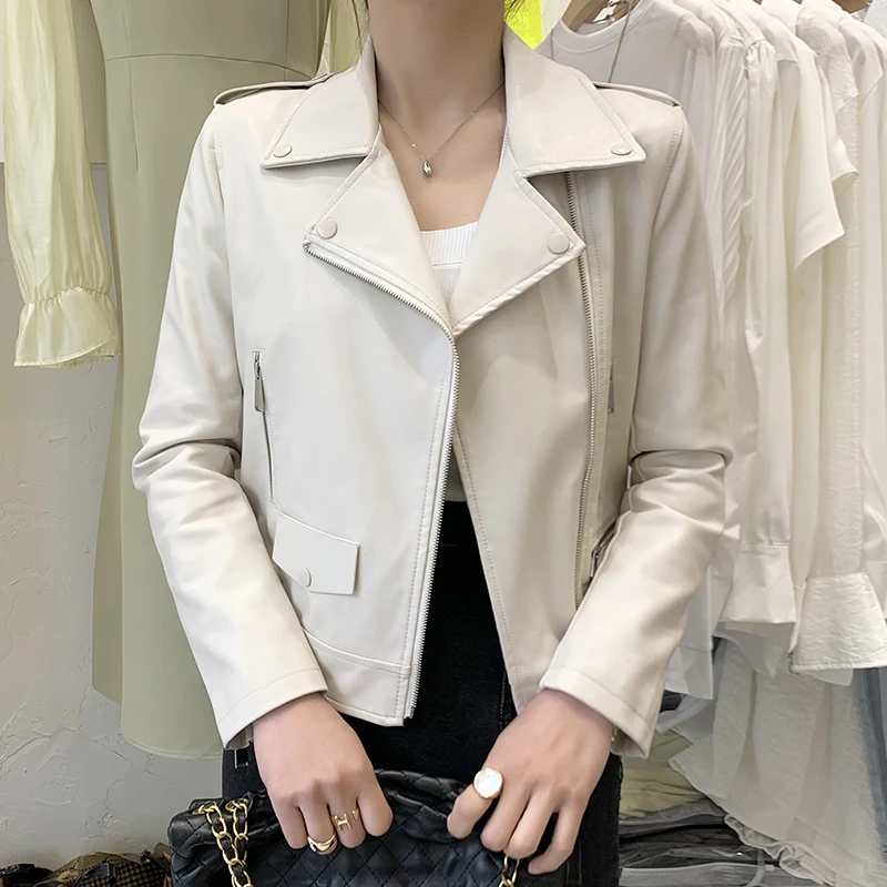 Koreański damski beżowy płaszcz ze sztucznej skóry Slim Wiosna Jesień 2024 Casual Lapel Long Sleeve Female Motorcycle Biker Jacket Veste Femme