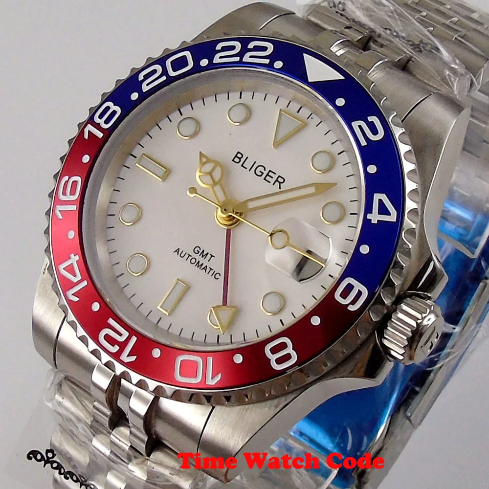 BLIGER 40mm Mechanical blue GMT Men's Wristwatch White dial Date display sapphire glass solid ceramic bezel 3804 movement