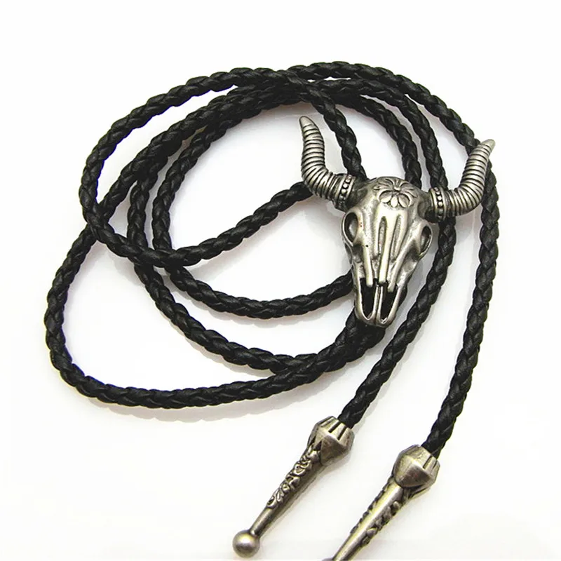 

Bolo tie New Retro Shirt Chain Bicolor Bison Bone Poirot tie Rope Leather Necklace Long Necktie Pendant