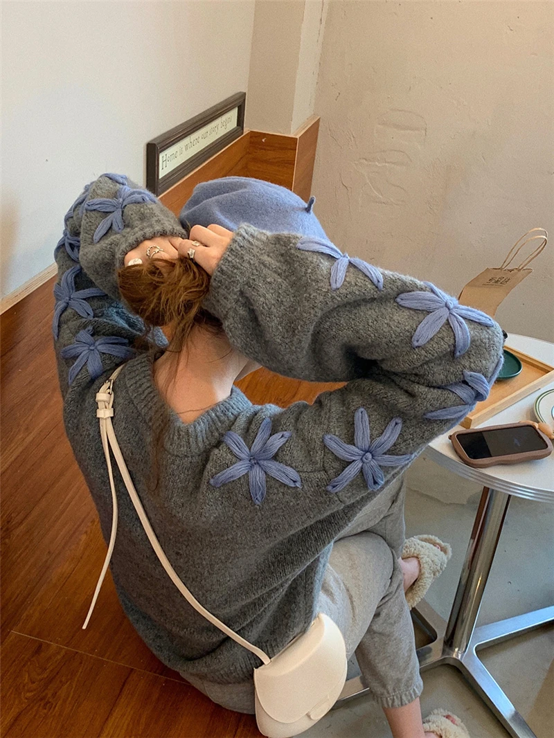LMQ NEW 2020 Women Korean Flowers Print Oversized Knit Sweater O-Neck Loose Elegant Casual Knitted Thicked Warm Pullovers Tops