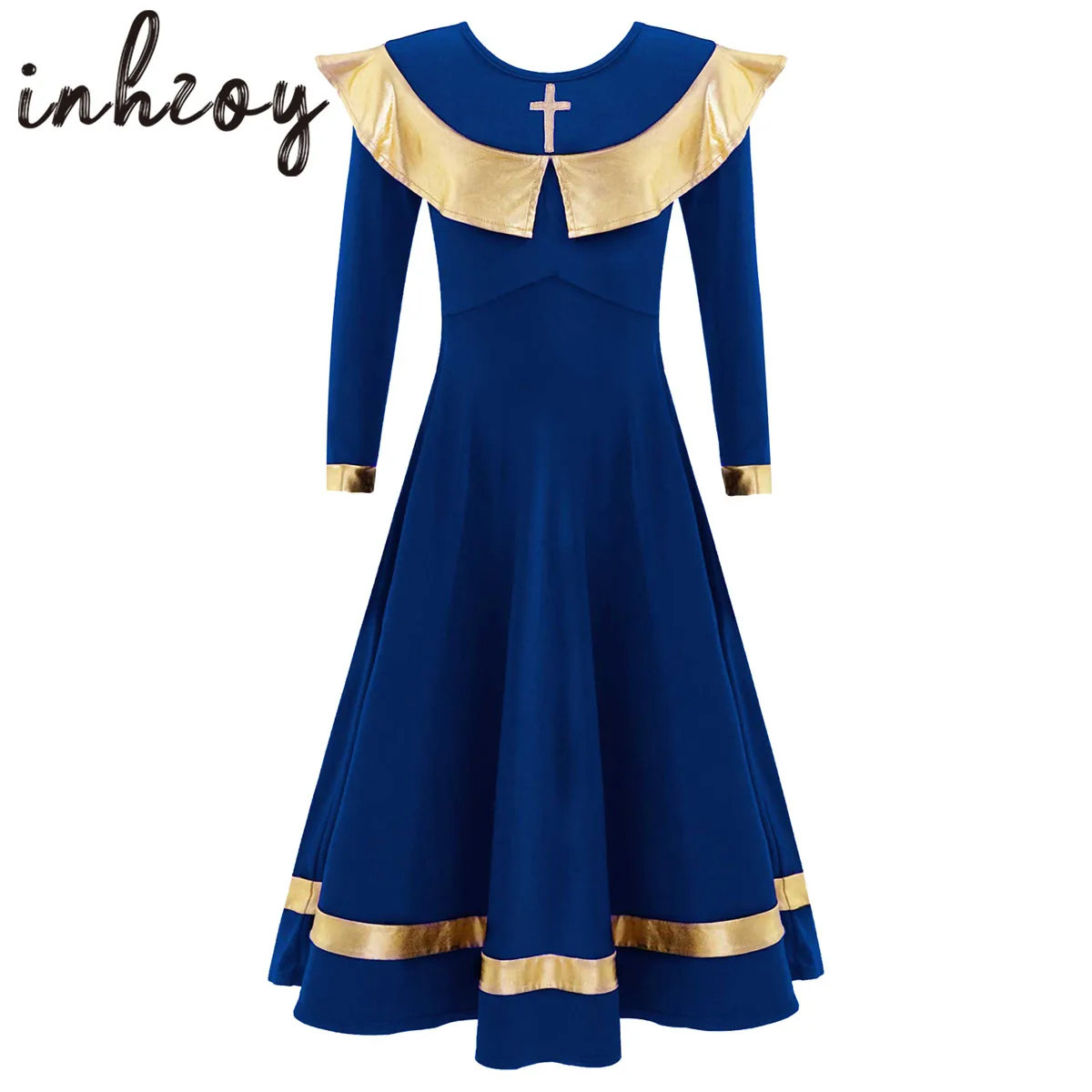 

Girls Metallic Gold Stripe Liturgical Praise Dance Dress Loose Fit Full Length Ruffle Tunic Skirt Worship Blue