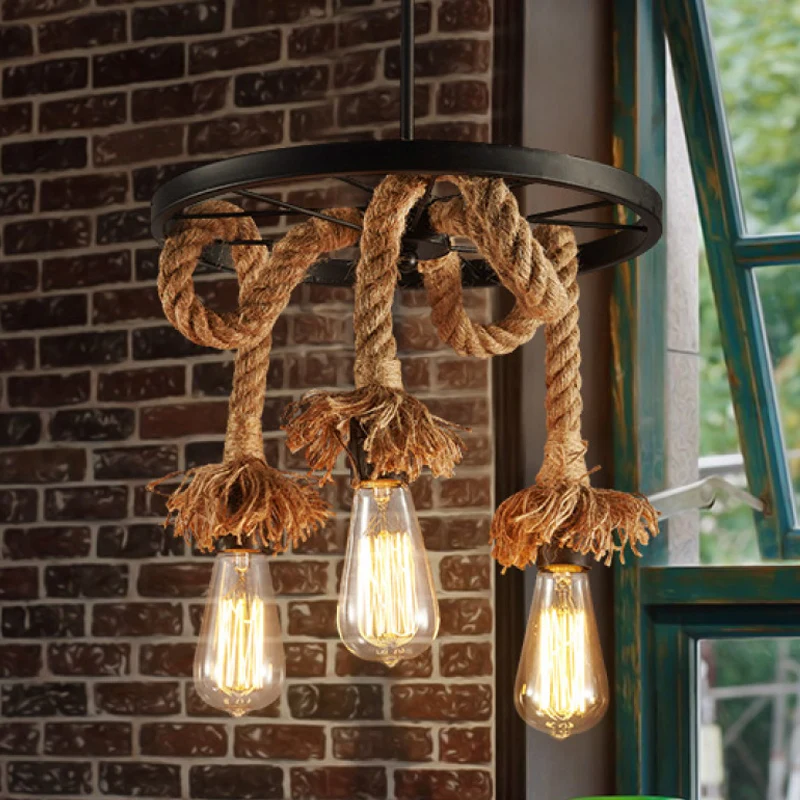 

Vintage Loft Hemp Rope Chandelier Retro Ceiling Light Bar Corridor Fixture Dining Room Lamp Restaurant Bedroom Pendant Lamp