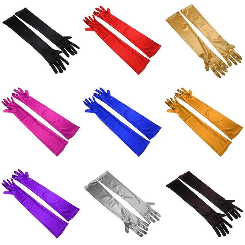 Women Long Section Imitate Satin Banquet Dance Dinner Show Cosplay Retro Style Soft Elasticity Multicolor Cover Scars Gloves