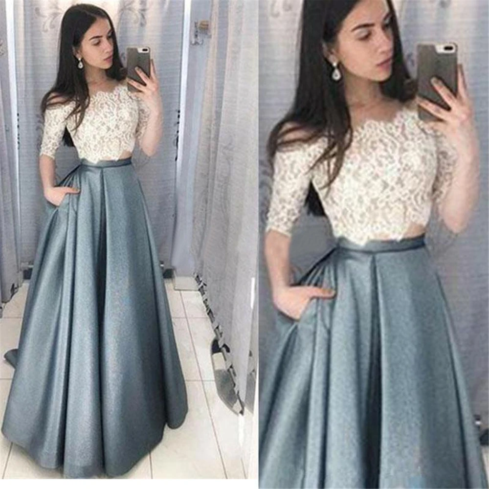 

A Line Formal Dresses NONE Train Prom Party Gown Evening Dress Off-Shoulder Lace Floor-Length With Half Sleeve Two Pieces Dress