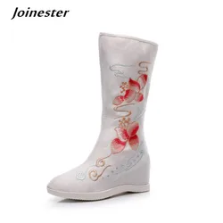 Autumn Woman Vintage Mid-Calf Boots Floral Embroider Height Increased Ladies Booties Ethnic Dancing Shoes for Women Zip Boot