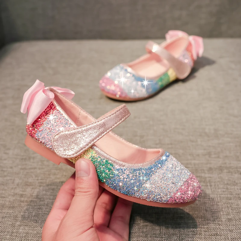 

Bling girl's 3D rainbow glitter flats ankle strap pink black wedding flower flowergirl princess birthday party school shoes