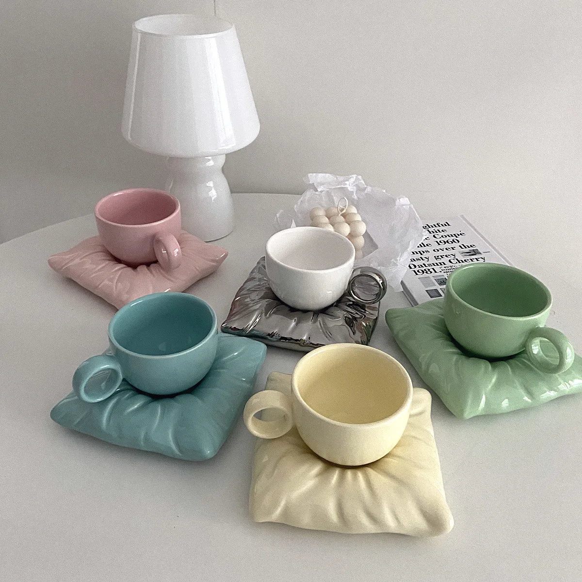 Nordic Style Cushion Ceramic Cup with Pillow Shaped Coaster Lovely Creative Coffee Cups Breakfast Milk Tea