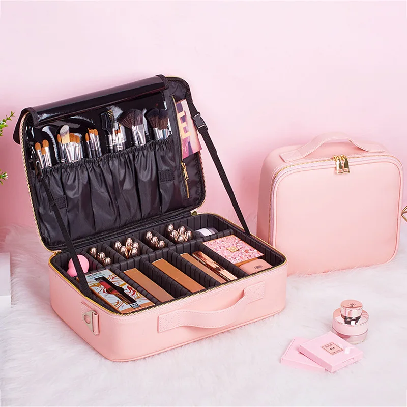 Pink Organizer For Cosmetics Case Suitcases Large Waterproof Leather Professional Makeup Bag Travel Toiletry Make up Storage Box