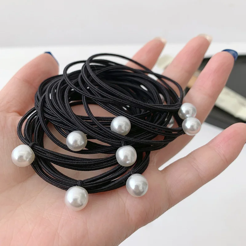 5pcs Pearl Hair Ties Girls Black High Elastic Rubber Bands for Women Kids Thin Scrunchies Hair Accessories Simple Hair Rope