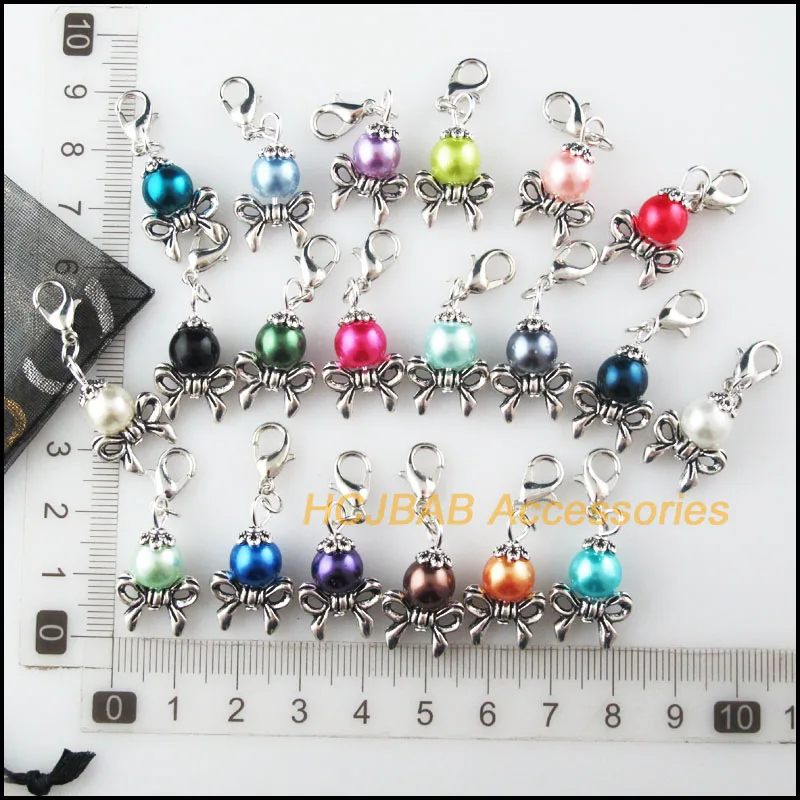 20Pcs Tibetan Silver Tone Knot Retro Mixed Ball Glass 14x23mm With Lobster Claw Clasps Charms