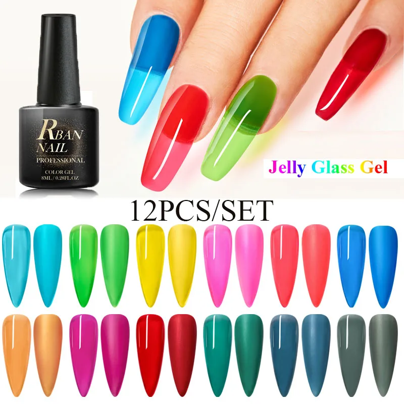 RBAN NAIL 6/12PCS SET Translucent Jelly Glass Gel Polish Neon Nail UV Gel Soak Off UV LED Semi Permanent Nail Art Gel Lacuqer