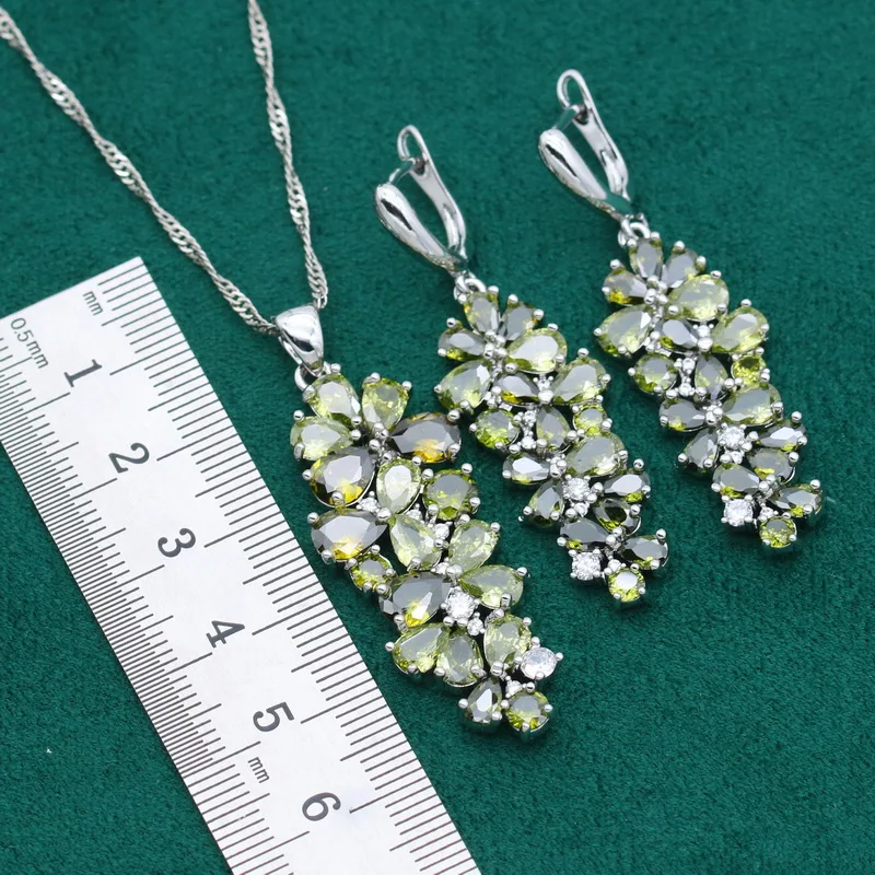 New Olive Green Purple Topaz 925 Silver Jewelry Set For Women Bracelet Earrings Necklace pendant Ring Birthday Gift 4PCS