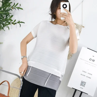 

HOT SELLING Miyake Fashion style T-shirts patchwork short sleeve fold Drawstring T-shirts IN STOCK