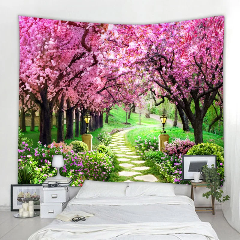 Tapeçaria de parede natural para decoração do quarto, Mandala Garden Landscape, Bohemian Bedroom Cloth, Psychedelic Hippie Carpet, 8 tamanhos