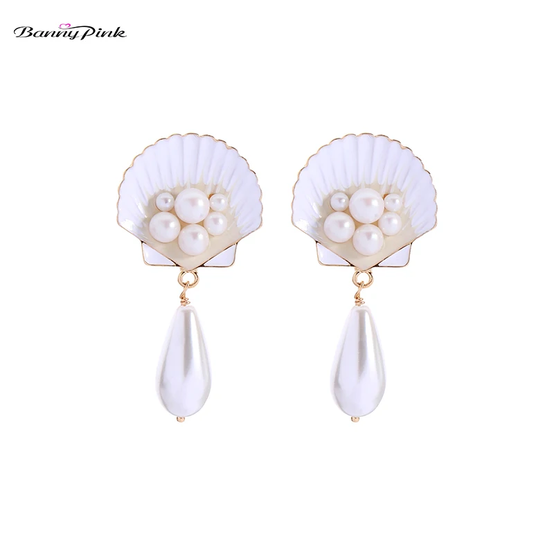 Banny Pink Beach Seashell Pin Earrings For Women Bohemia Gold Color Enamel White Pearl Statement Stud Earring Brinco