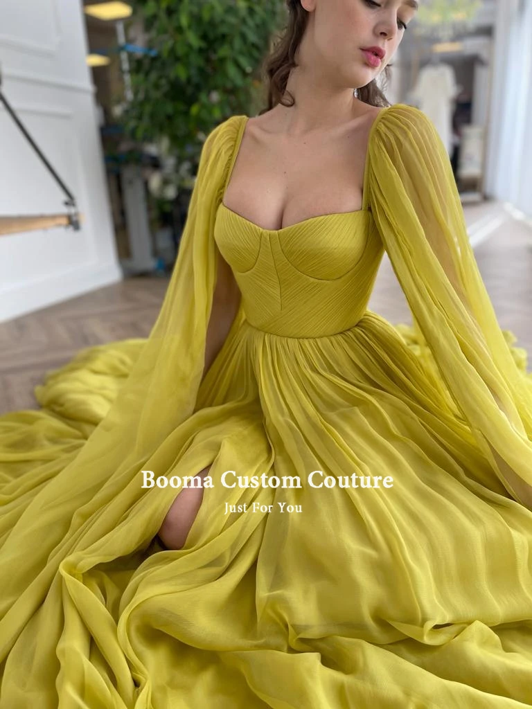 Booma elegante amarelo chiffon vestidos de baile longo cabo lado fenda a linha vestidos de noite watteau trem plissado vestidos de festa de casamento