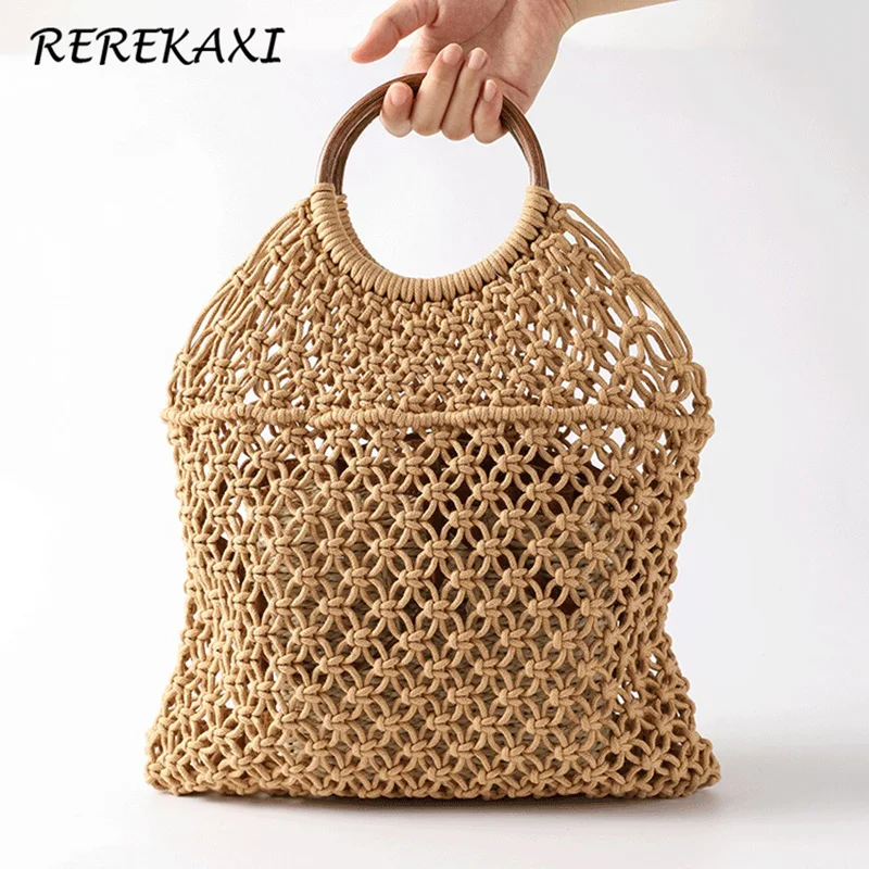 Woven women\'s Handbag Top-Handle Net Bag Handmade Summer Straw Beach Bags Bohemia Female Hollow Round Handle Tote Mesh Bag