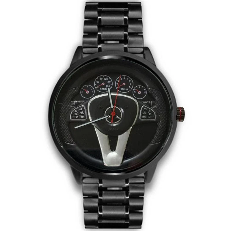 Casual Personality Classic precision Men\'s Quartz watch Racing Free Stainless Casual Sports 3D Car Steering Wheel Clock