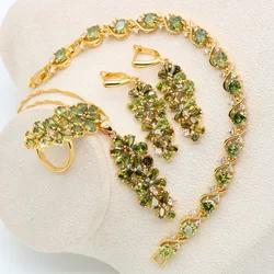 Luxury Green Peridot Gold Color Bridal Jewelry Set for Women Bracelet Earrings Necklace Pendant Ring Birthday Gift