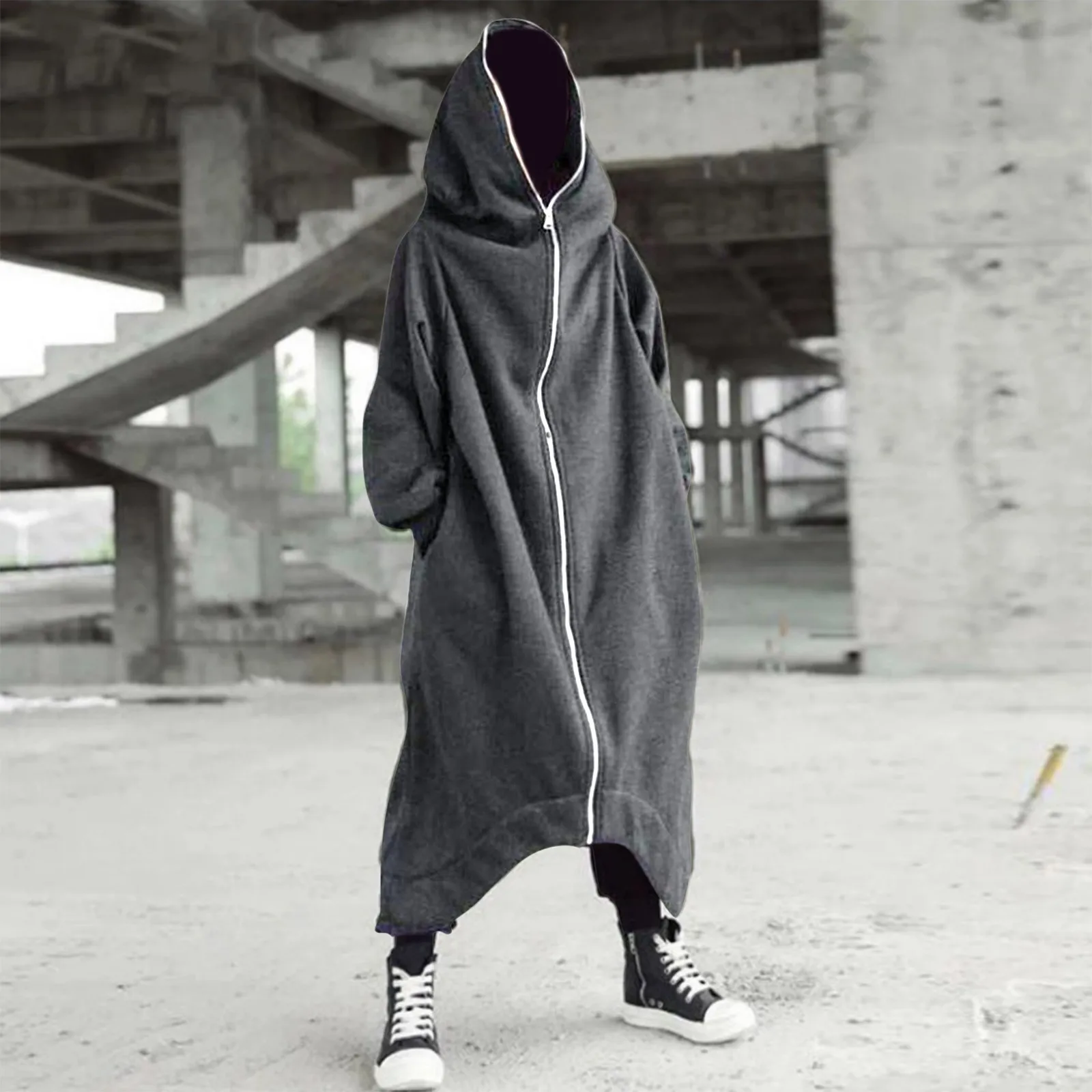 Men\'s Zipper Long Hooded Solid Color Personality Dark Style Full Body Sweatshirts Winter Warm Male Hip Hop Jacket Plus Size 5xl