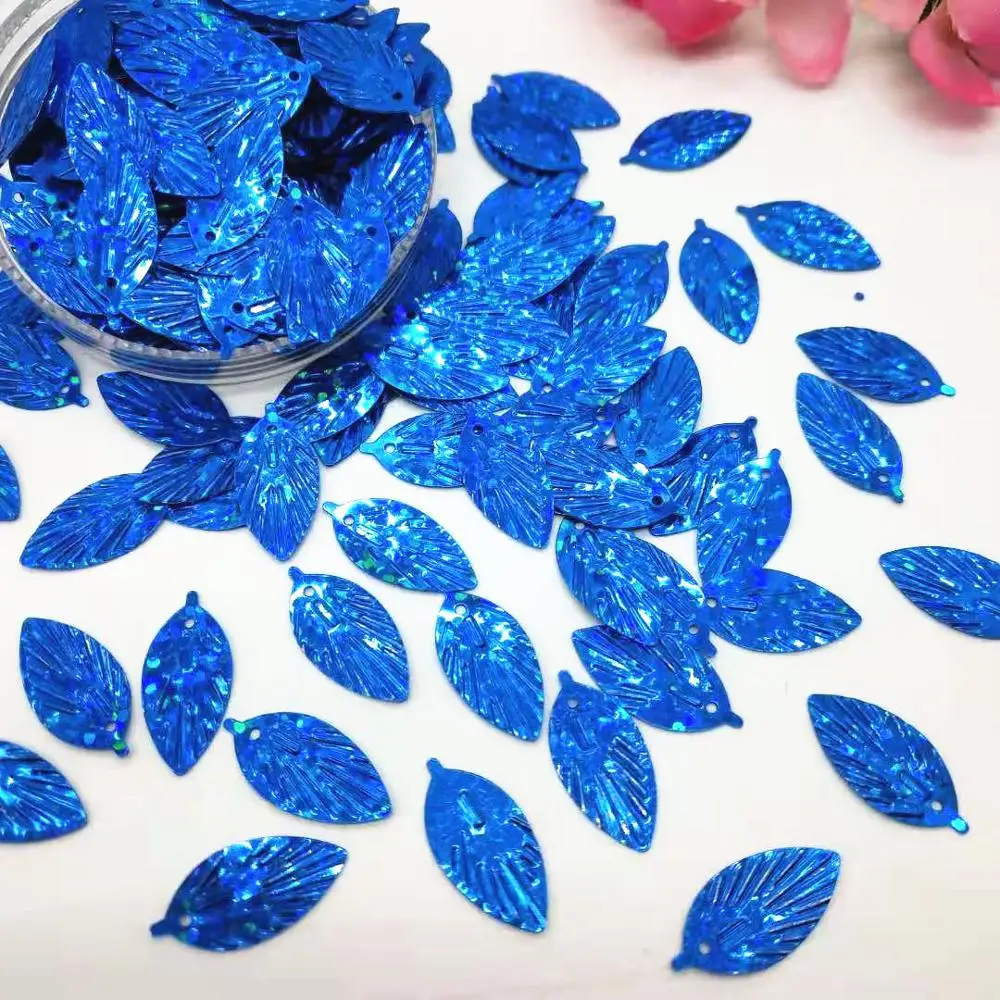 50g/lot Laser Blue Leaf Sequins 9*18mm PVC Flat Paillette Hologram Sewing Cute Small Dark Blue Leaves