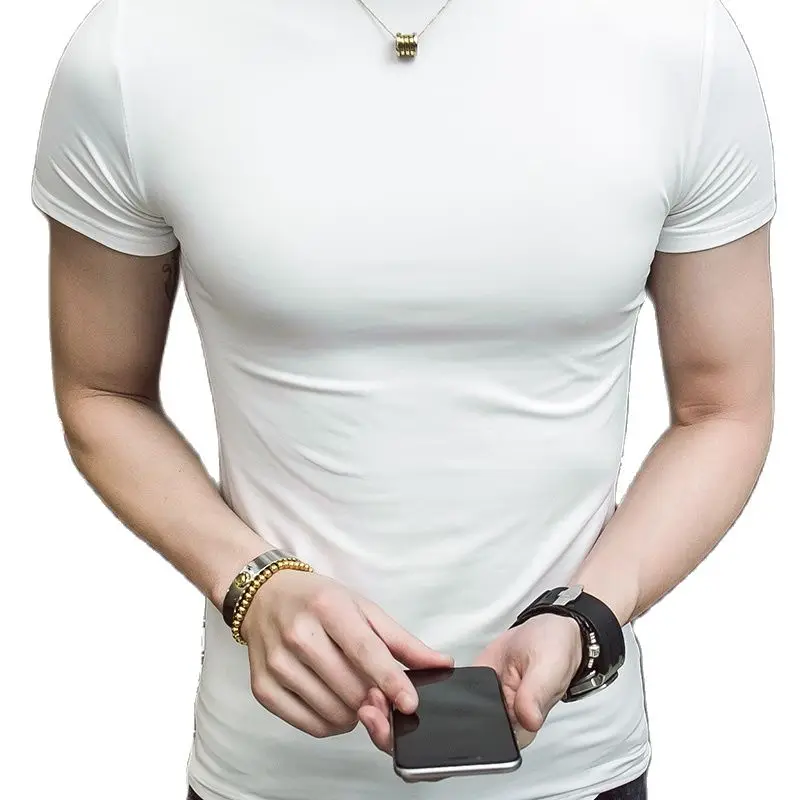 2023 Summer Men Short Sleeve Turtleneck Slim Fit T-shirt Male Solid Black White Tees Shirts Lovers Tshirt