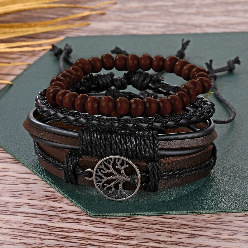 IFMIA Multilayer 4Pcs/ Set Braided Wide Wrap Leather Bracelets for Men Vintage Life Tree Wood Beads Bracelet Ethnic Wristbands