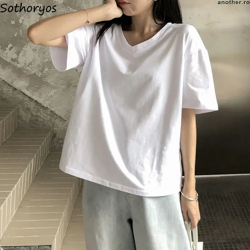 

Women V-neck Sleep Tops Simple Basic Solid Loose Cozy Short Sleeve Nightwear Teenagers Casual Females Lounge Summer Fashion New