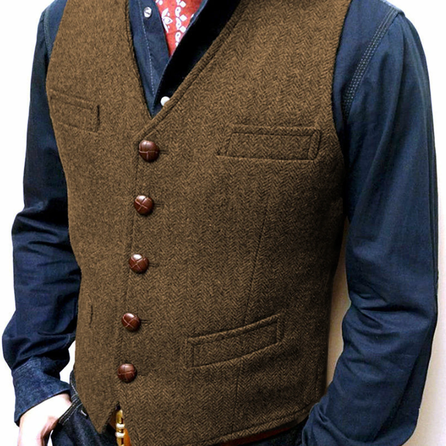 Formal V Neck Wool Herringbone Tweed Casual Brown Waistcoat Business Tortoise Button Silver Vest Groomman For Wedding Prom