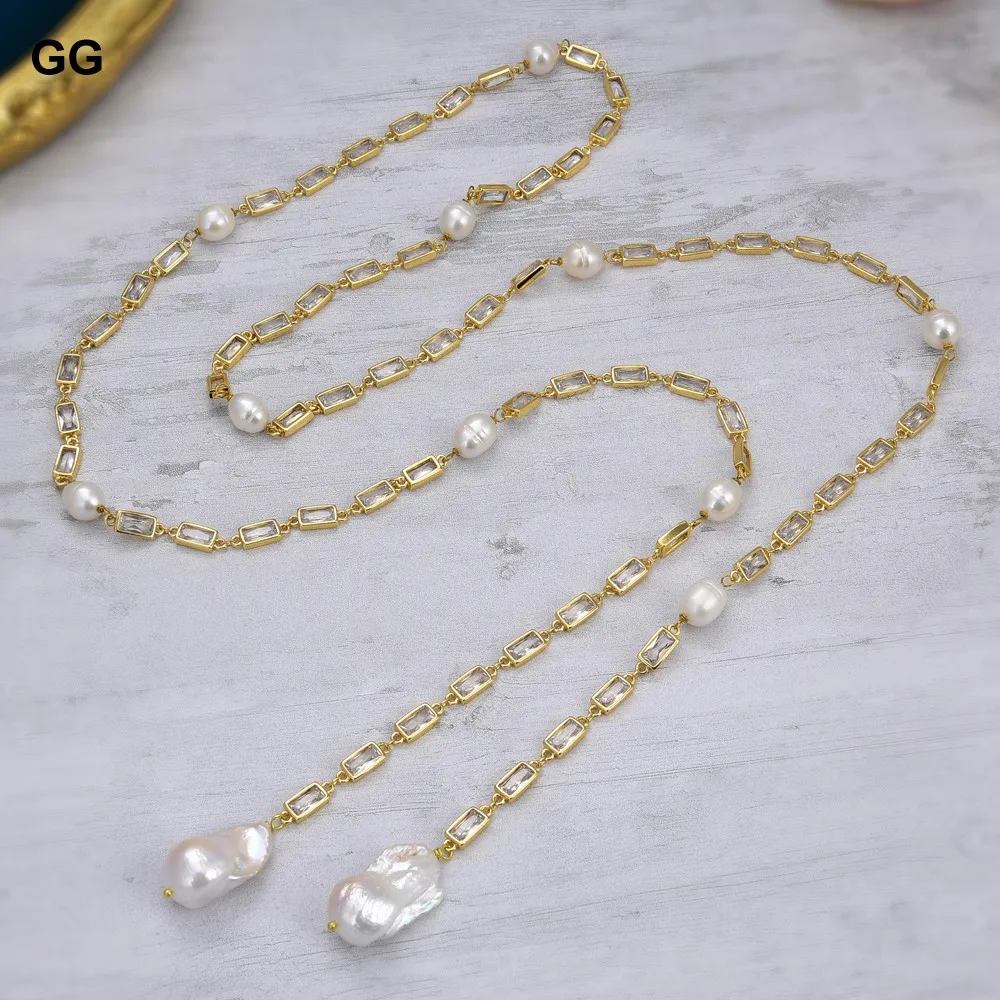 natural Cultured White Keshi Pearl Rectanle Cz Pave gold color plated sweater Chain Necklace 50