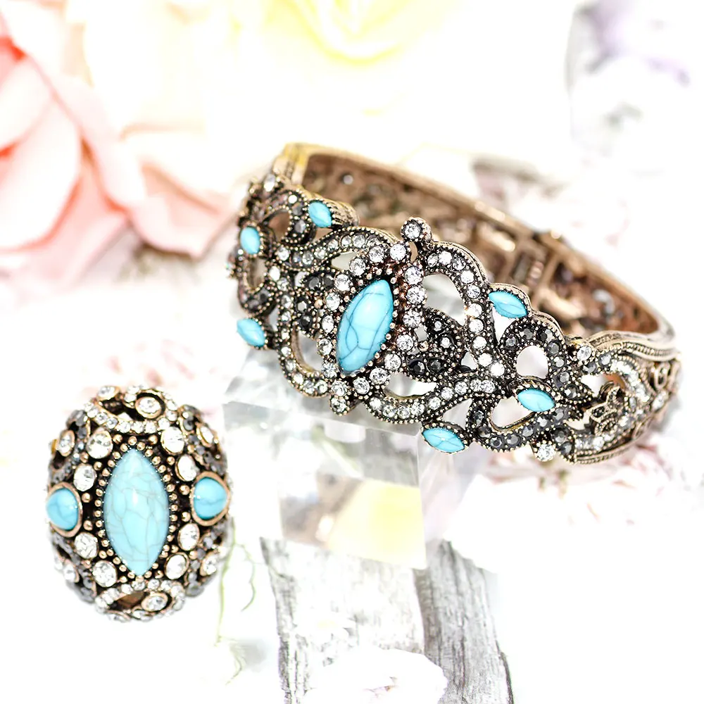 SUNSPICE MS Vintage Indian Jewelry Women Old Gold Silver Color Bangle Ring Sets Turkish Ethnic Banquet Wedding Jewelry Gift