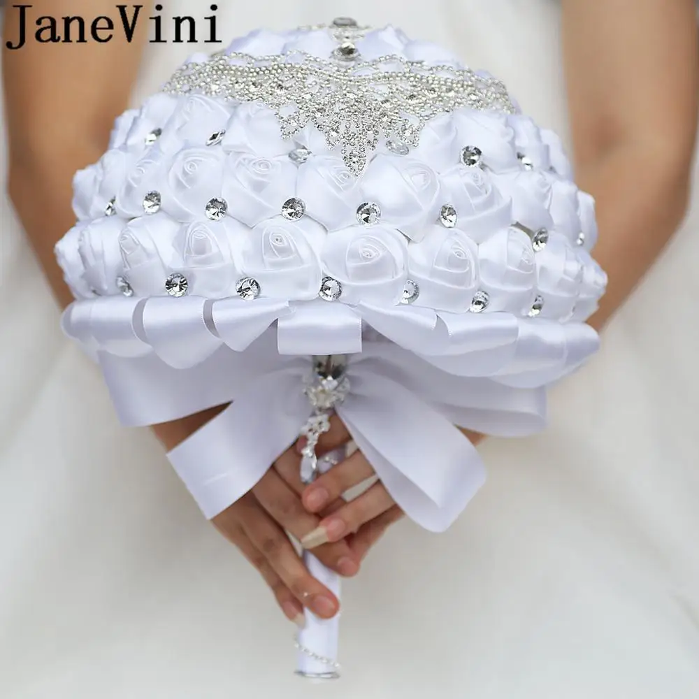 JaneVini, ramos de boda grandes de 30CM para novia grande, rosas de satén blanco, joyería de mariposa de cristal brillante, ramo de novia 2024