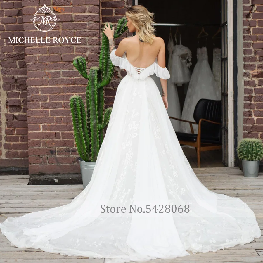 Michelle Royce A-Line Wedding Dresses For Women 2022 Sweetheart Ruffles Sleeve Lace Chapel Train Wedding Gown Vestidos De Novia