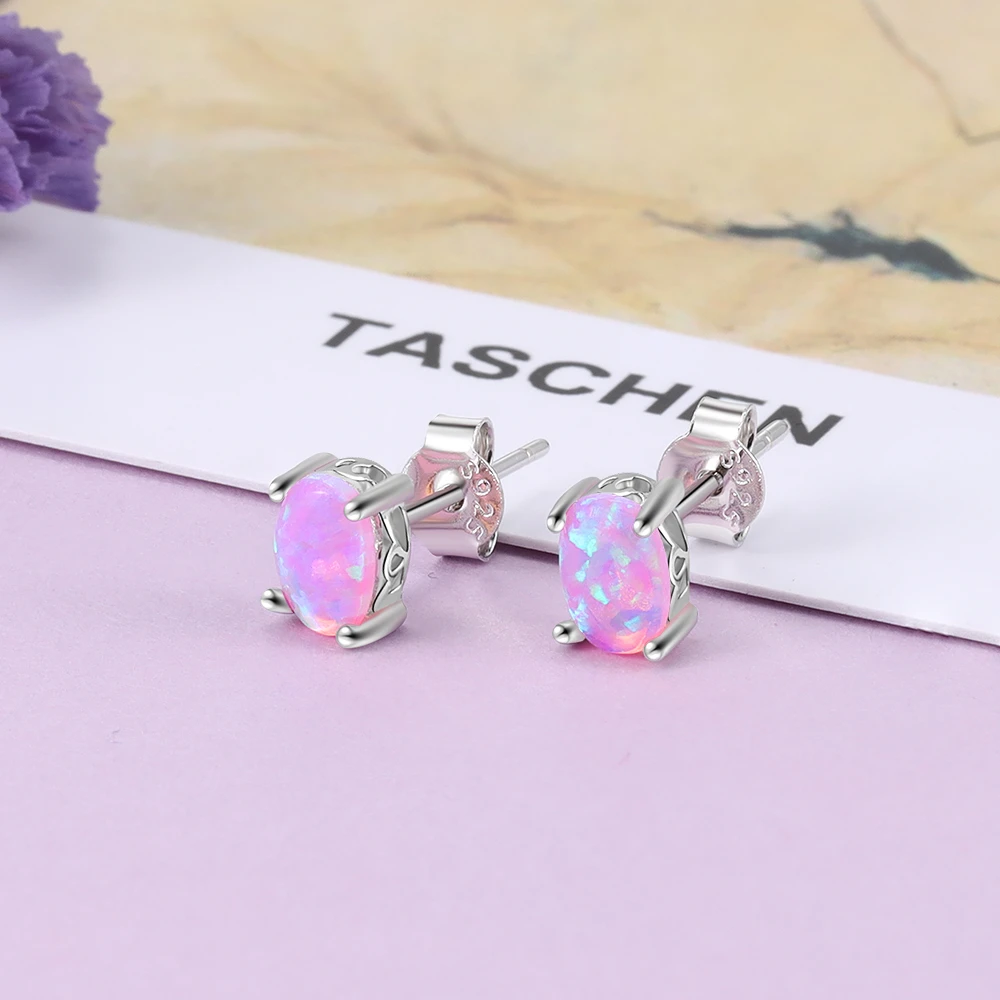 925 Sterling Silver Oval Pink Fire Opal Earrings for Women Fashion Korean Earrings Fine Jewelry Wedding Gift (Lam Hub Fong)