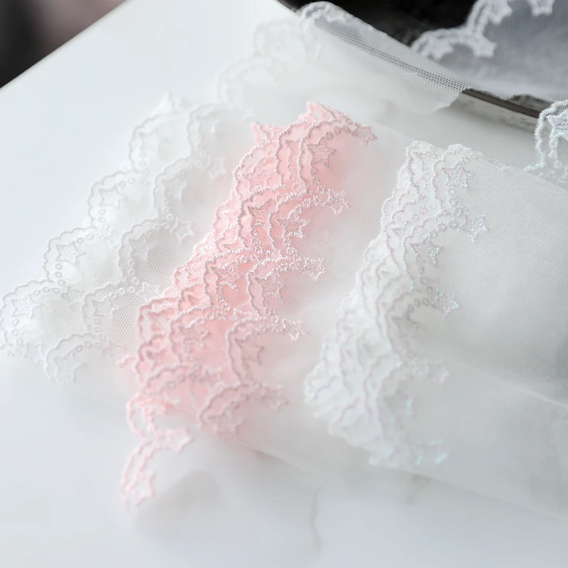 3M/lot 6cm wide pink colored thread/white embroidery lace mesh star decoration material X651