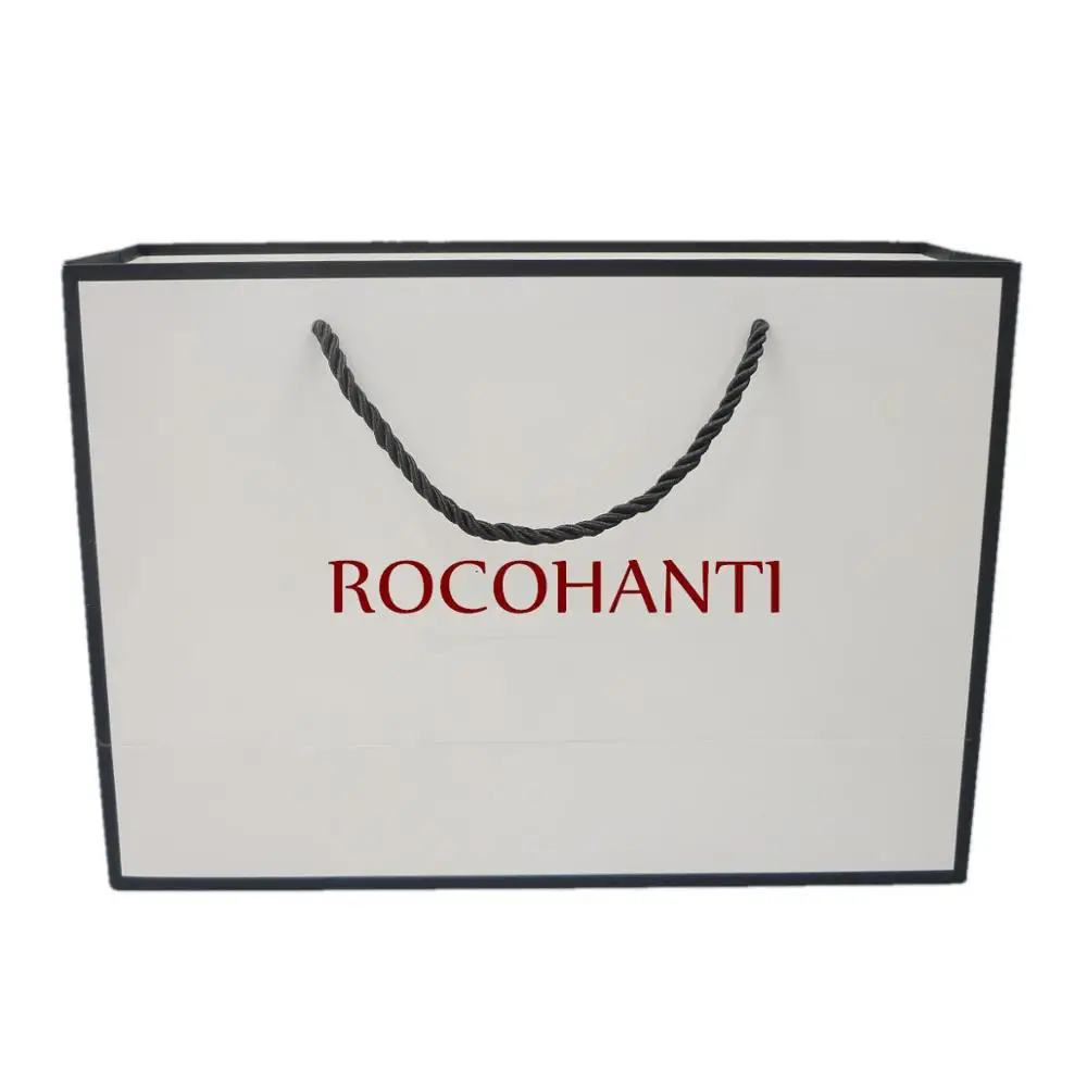 100pcs Customized Logo Printed White Paperboard Frame Paper Gift Bag with Thick 3 Strands Rope Handle