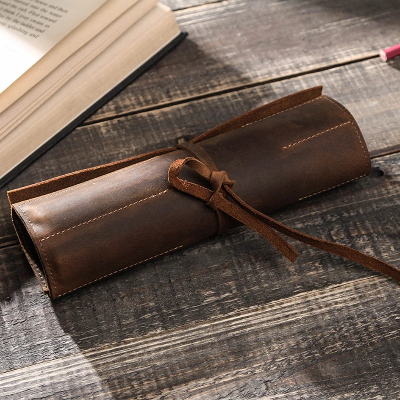 20CB Retro Pencil for Case Handmade Genuine Leather Roll Up Pen Curtain Bag Pouch Wrap Holder Stationery Supplies