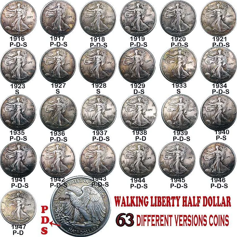 

63pcs 1916-1947 USA Full Set Walking Liberty Half Dollar Copy Coins Old Colors Decorated Coins