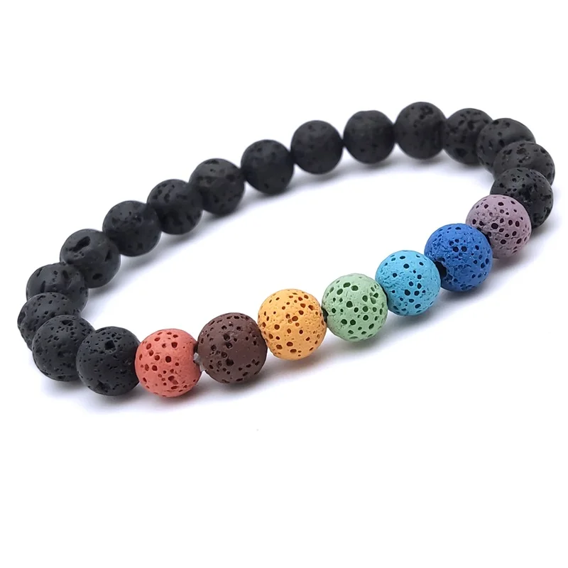 Healing Seven Chakras Bracelet 8mm Colourful Lava Stone Essential Oil Diffuser Black Beads Buddha Yoga Strand Jewelry Women Men