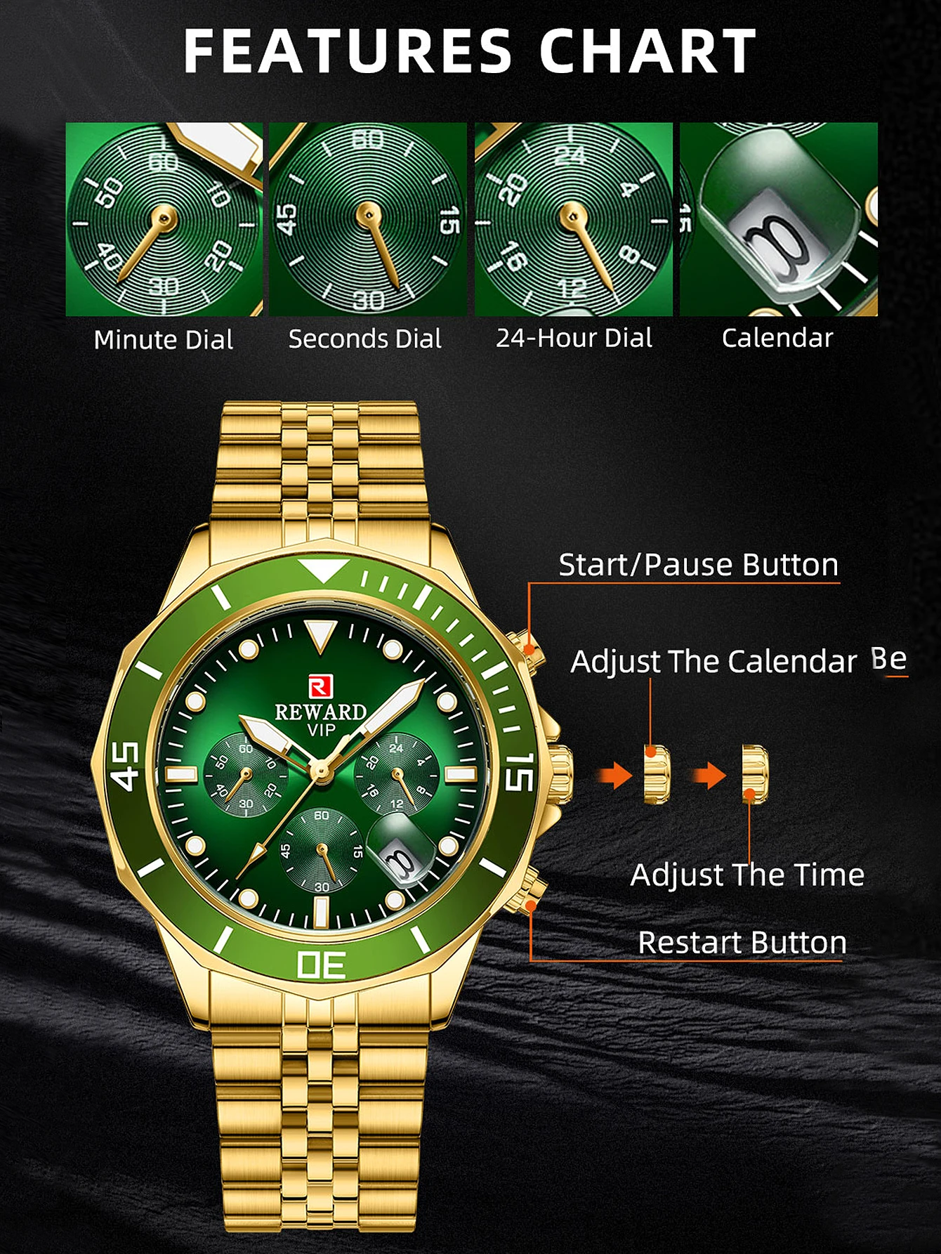 REWARD Fashion Mens Watches for Men Sport Wristwatch Waterproof Luminous Chronograph Wrist Watch