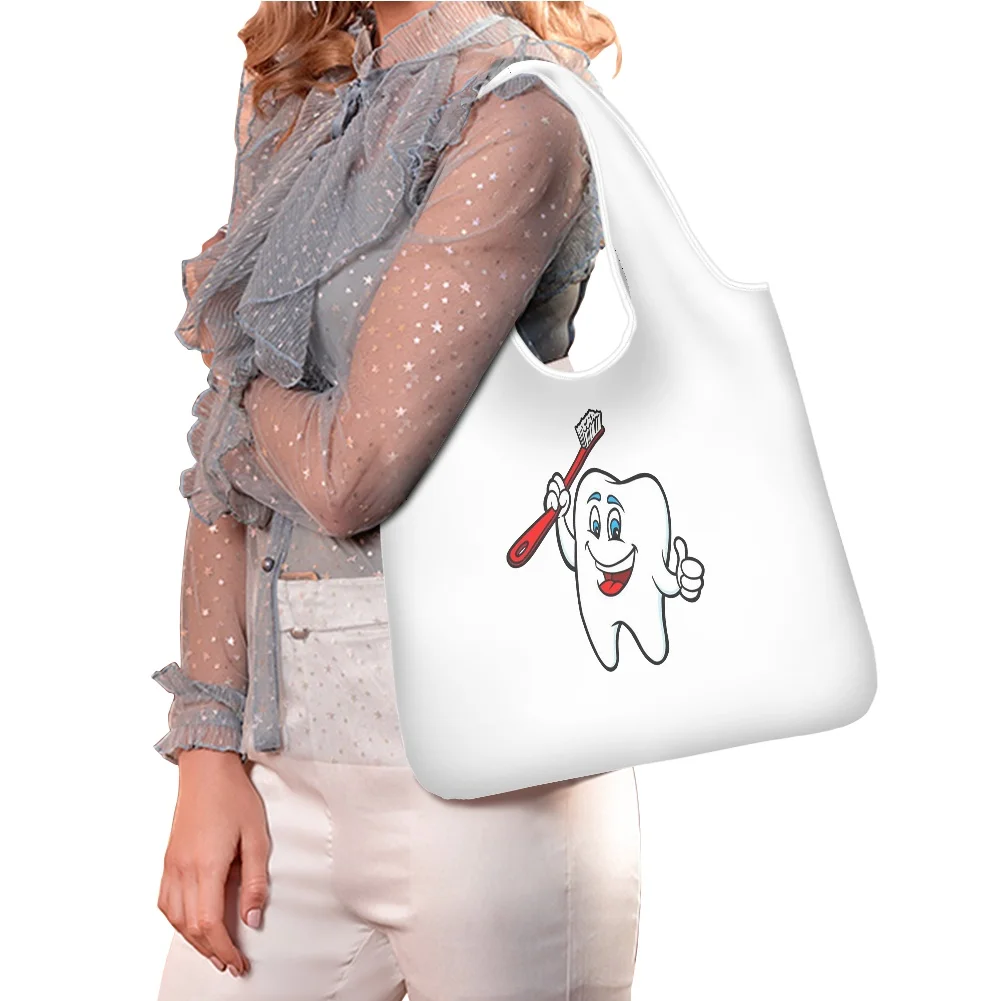 Hycool Reusable Hand Bag Cartoon Teeth Print Cute Shoulder Bags Kawaii Beach Tote Designer Bag Personalized Shopping  Gift Bag