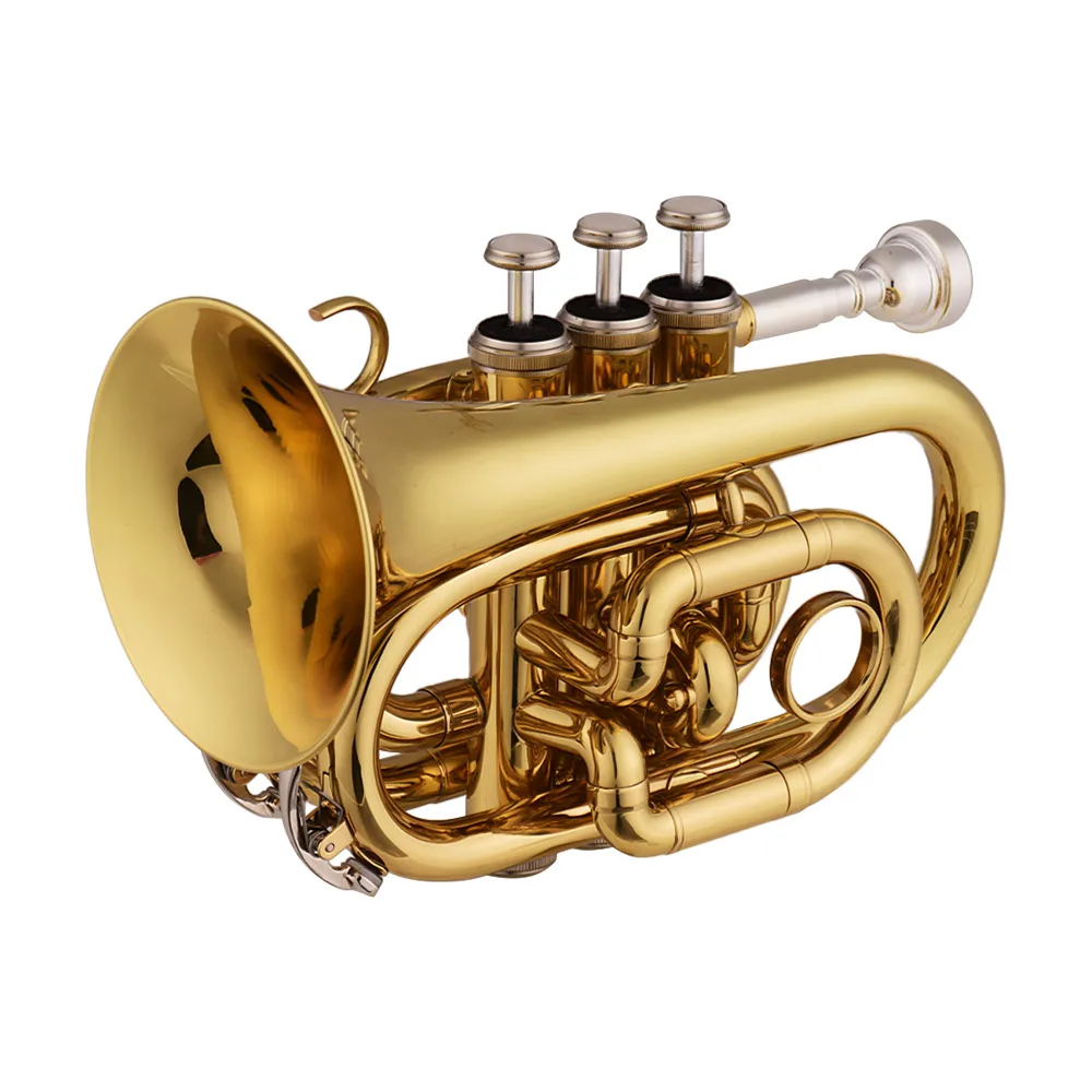 Mini Pocket Trumpet Bb Flat Brass Material Wind Instrument with Mouthpiece Gloves Cleaning Cloth Carrying Case