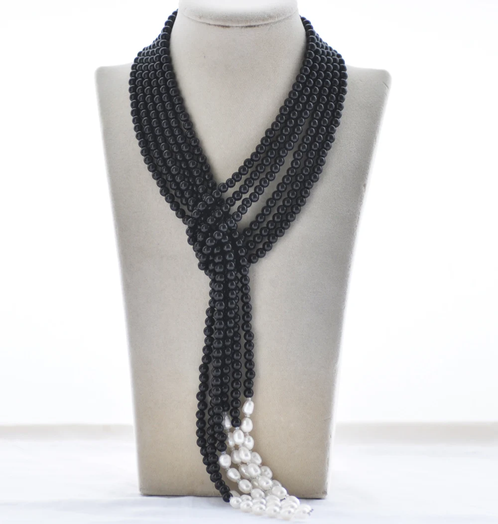 

Z10855 3Strds 50" Black Agate White Rice Pearl Necklace