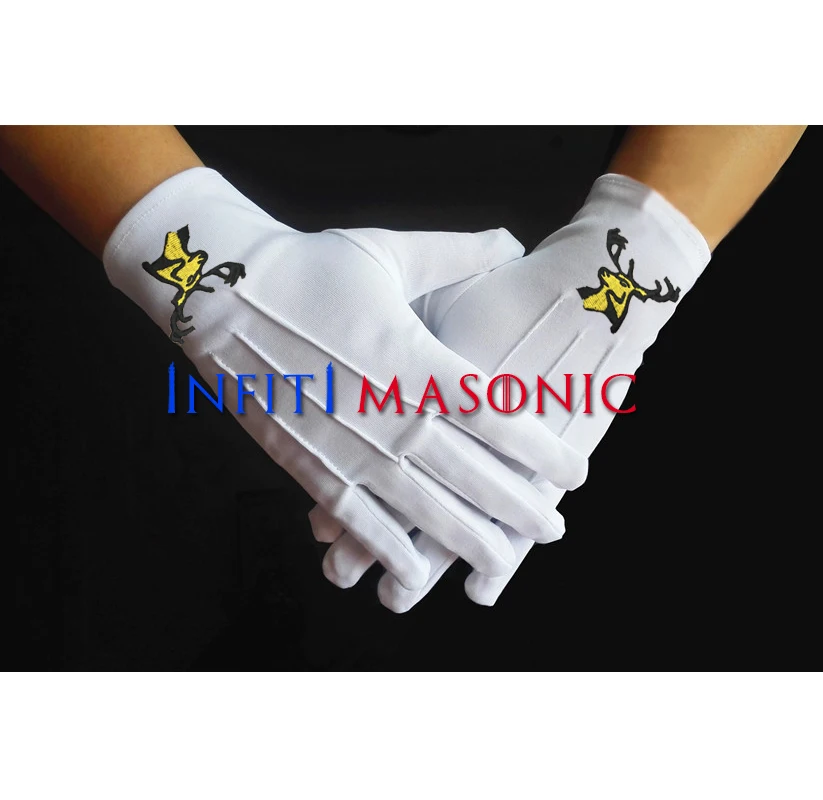 Christmas deer horn decoration wearing Masonic embroidery high-quality polyester gloves- [White